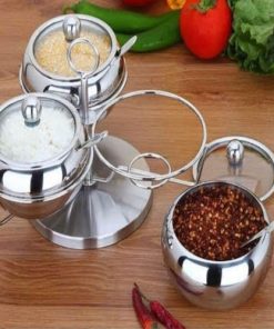 3pcs Stainless Steel Spice Jar with Revolving Stand Silver Color