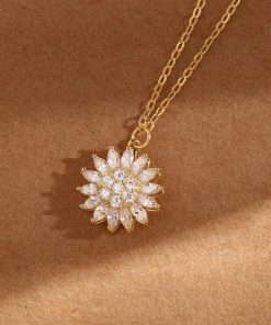 925 Sterling Golden Spinning Crystal Sunflower Fidget Necklace