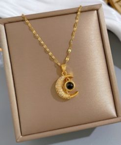 Colorful Moon Shape Pendant Titanium Steel Necklace for Female