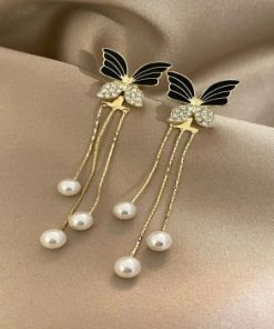 Cubic Zirconia Decor Butterfly & Faux Pearl Drop Earrings
