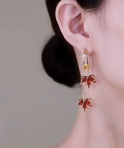 Fashion Red Maple Leaf Gold Plated Ear Hoop Earrings Dangle Women Jewelry
