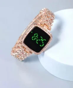 New Trend Fashion Steel Chain Diamond Women Watch Full Diamond Touch Screen LED Water Diamond Bracelet Watch (Rose)