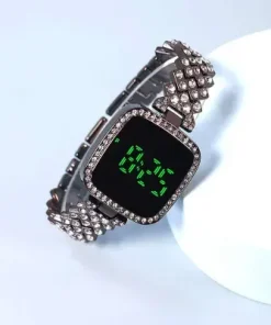 New Trend Fashion Steel Chain Diamond Women Watch Full Diamond Touch Screen LED Water Diamond Bracelet Watch (black)