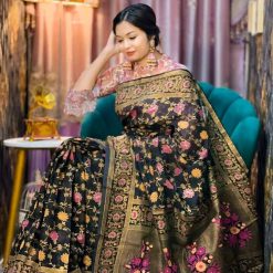 Black half silk saree with skin print work