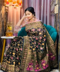 Black half silk saree with skin print work
