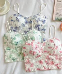 Floral Printed Camisole Woman Summer Sweet Spaghetti Strap Tank Top Female with Built in Bra Corset Women Vest with Padded